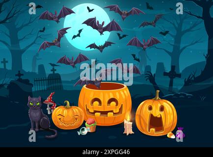 Halloween-Feiertagskürbse und fliegende Fledermäuse auf der Friedhofslandschaft. Vektor-Friedhof mit Jack-o-Laternen, Katze und Süßigkeiten, alte Grabsteine mit Amanita m Stock Vektor