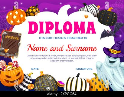 Halloween-Kinder-Diplom mit Süßigkeiten-Eimer, Süßigkeiten und gemusterten Kürbissen. Kinder Bildung Leistung Vektor Diplom oder Zertifikat, Halloween Stock Vektor