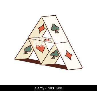 Casino Cartoon groovy Karten Haus für Glücksspiel oder Poker Spiel, Vektor-Symbol. House of Cards Tower in Retro-Cartoon-Groovy-Art für Casino-Poker-Jackpot Stock Vektor