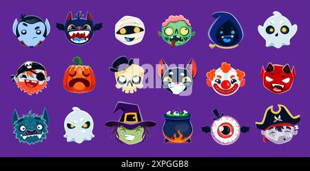 Comic Halloween Emoji Set Charaktere, Horror Feiertagsmonster und gruselige Emoticons, Vektorsymbole. Halloween lustiges Emoji Lächeln von Kürbis, Vampir und Stock Vektor