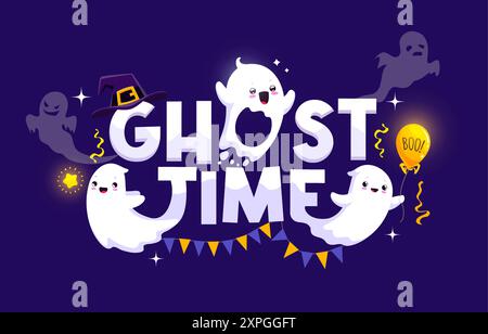 Halloween-Geisterzeit-Banner mit süßen Kawaii-Geisterfiguren und Hexenhut. Zeichentrickfilm fliegende Phantom Monster Personages Vektor Grußkarte wi Stock Vektor