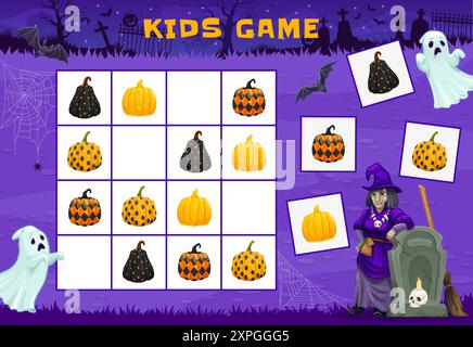 Halloween Quiz Sudoku Kinderspiel mit Weihnachtsfiguren und gemusterten Kürbissen auf dem Friedhof. Vektor-Arbeitsblatt von Halloween Horror Puzzle Blöcke mit sp Stock Vektor