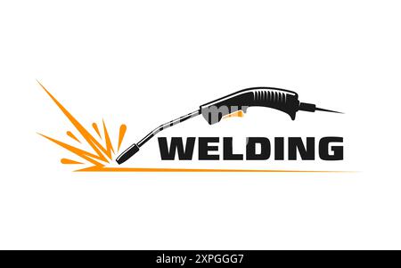 Schweißsymbol, Schweißwerkzeug mit Funken. Isoliertes Vektoremblem mit stilisierter Schweißbrenner in Aktion, die einen hellen, dynamischen Funkenstrahl ausstrahlt, Symbol Stock Vektor