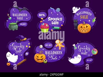 Halloween-Kawaii-Geister und Weihnachtsfiguren auf Amöbenblobs, Cartoon-Vektor. Werbebanner für Halloween-Feiertage mit gruseligem Kürbis und gruseligen Süßigkeiten Stock Vektor