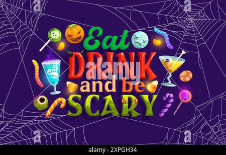 Halloween Essen, trinken und gruselige Feiertagsbanner mit Süßigkeiten und Spinnennetz. Vektor-Trick oder Treat Night Horror Party Kürbisbonbons, Gelee Würmer und Bohnen Stock Vektor
