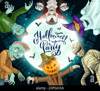 Comic Halloween gruselige Charaktere auf dem Friedhof. Vektor Zombie, Vogelscheuche, Mumie, Dracula Vampir und Geist in Hexenhut stehen im Kreis am Nachthimmel b Stock Vektor