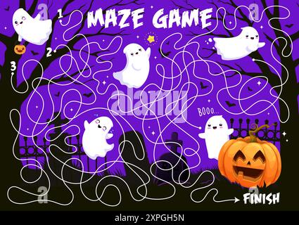 Hilf den niedlichen halloween-Kawaii-Geistern, ein Kürbis-Labyrinth-Spiel zu finden. Finden Sie, wie Kinder Rätsel oder Labyrinth, Labyrinth-Spiel oder Puzzle-Vektor-Arbeitsblatt mit finden Stock Vektor