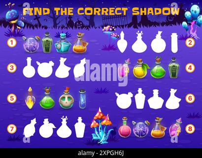 Finde den richtigen Schatten der Halloween Zaubertränke. Schatten Match Kinder Spiel, Ähnlichkeitssuche Kinder Quiz Vektor Arbeitsblatt mit Zaubertrank Stock Vektor