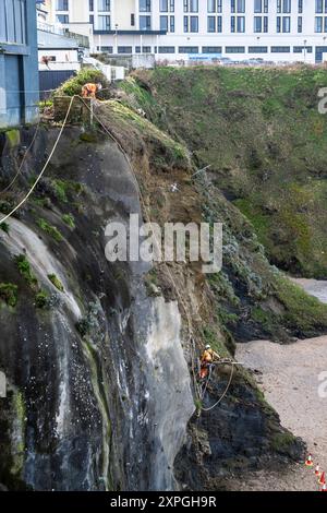 Ein Arbeiter, der an Seilen hängt, um die Klippe oberhalb des Great Western Beach in Newquay in Cornwall in Großbritannien zu stabilisieren. Stockfoto