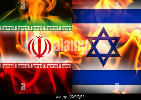 Konflikt zwischen Iran und Israel. Iran Israel Kriegskonzept. Flaggen auf Flamme. Die Flammen des Krieges im Nahen Osten Stockfoto