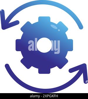 Verlaufssymbol eines Zahnrads, das sich mit zwei gekrümmten Pfeilen dreht, was einen Aktualisierungs- oder Zurücksetzungsprozess andeutet Stock Vektor
