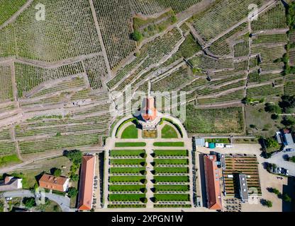 06. August 2024, Sachsen, Radebeul: Blick auf das Gelände und die Weinberge des Sächsischen Landesweingutes Schloss Wackerbarth bei Dresden mit dem Belvedere. Steinmetzer sind derzeit damit beschäftigt, die historischen Trockenmauern im Weinberg des Sächsischen Landesweingutes Schloss Wackerbarth zu restaurieren. Schloss Wackerbarth engagiert sich als Sächsisches Landesweingut für den Erhalt und die Förderung dieser kulturellen Weinlandschaft. Im Auftrag des Freistaates Sachsen unterhält die Landesweinkellerei rund 25.000 Quadratmeter restaurierungsbedürftige Weinbauwände. (Luftaufnahme mit Drohne) Foto: Robert Michael/dpa Stockfoto