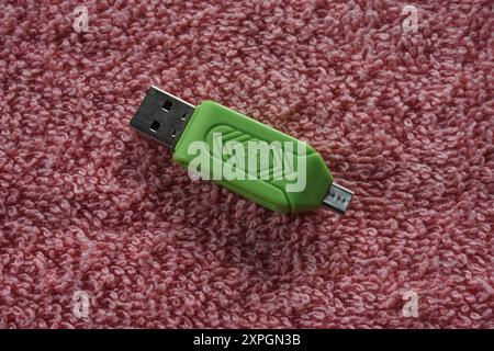 Terengganu, Malaysia - 24. August 2024 : Nahaufnahme des grünen otg-Doppellaufwerks auf rotem Hintergrund. USB-A- und Micro-usb-otg-Dual-Laufwerk. Stockfoto