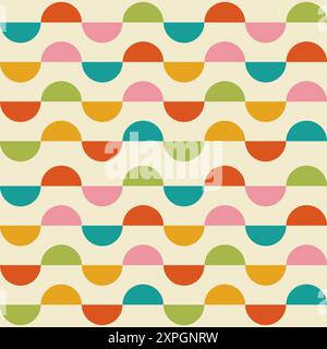 Mitte des Jahrhunderts farbenfrohe Halbkreise in Orange, Rot, Grün und Petrol. Für Stoff, Textil und Tapeten Stock Vektor