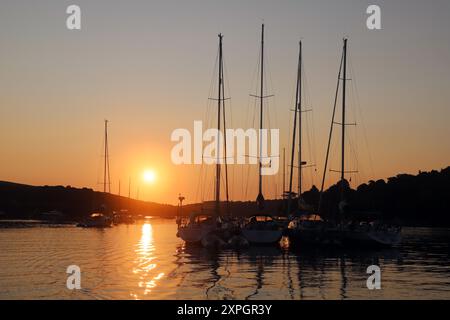 Yachten flockten auf einer Anlegerbouy in Salcombe Harbour, Devon, England Stockfoto