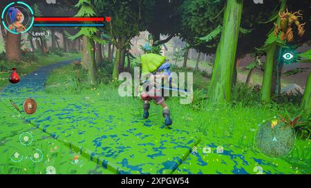 Video Game Mock-up Screen: 3D Fantasy Rollenspiel mit weiblicher Heldenfigur in Adventure, Kampf gegen Feinde. Lustiges Videospiel der Puzzles, Quests im magischen Wald. 3D-Rendering. Stockfoto