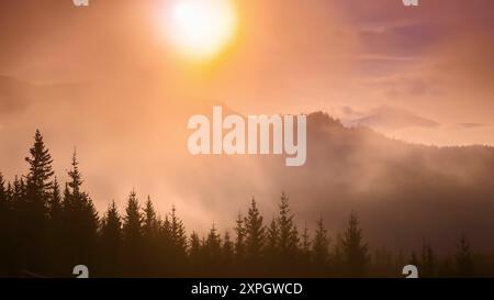 Atemberaubende Berglandschaft entfaltet sich bei Sonnenauf- oder -Untergang, mit Nebel bedeckt den Wald und der Himmel in warmen Farben. Stehen Sie inmitten der nebeligen Bäume in dieser ruhigen Umgebung der Schönheit der Natur Stockfoto