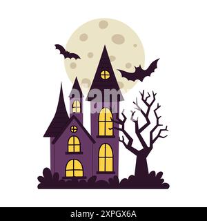 Ein Haus mit Fledermäusen, die umherfliegen, und einem Vollmond im Hintergrund. Die Szene ist gruselig und unheimlich. Vektor-Zeichentrickgrafiken isoliert auf einem weißen Rücken Stock Vektor