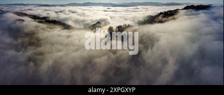 Atemberaubender Blick aus der Vogelperspektive auf die Bergkette, die von dichtem Nebel umgeben ist und von Bäumen bedeckte Grate durchdringen. Nebeldecken decken decken Täler und schaffen eine ruhige und mystische Atmosphäre unter klarem Himmel. Stockfoto