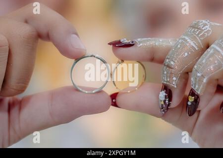 Detailliertes Foto von zwei goldenen und silbernen Eheringen, die von den Händen der Braut und des Bräutigams gehalten werden, mit Henna auf ihnen mit einem Bokeh-Hintergrund Stockfoto