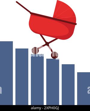 Die rote Kinderwaage steht auf einem abnehmenden Diagramm in prekärer Weise im Gleichgewicht, was die Herausforderungen sinkender Geburtenraten symbolisiert Stock Vektor