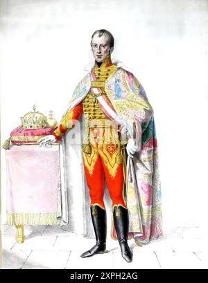 Ferdinand I. Karl Leopold Joseph Franz Marcellin (* 19. April 1793 in Wien, gestorben am 29. Juni 1875 in Prag) war Kaiser von Österreich und König von Böhmen von 1835 bis 1848 und als Ferdinand V. ab 1830 auch König von Ungarn und Kroatien, historisch. digital restaurierte Reproduktion eines Originals aus dem 19. Jahrhundert, Rekorddatum nicht angegeben / , genannt der Gütige, (geb. 19. April 1793 in Wien, am. 29. Juni 1875 in Prag) Krieg von 1835 bis 1848 Kaiser von Österreich und König von Böhmen und als Ferdinand V. seit 1830 auch König von Ungarn und Kroatien, historisch, digitale Resta Stockfoto