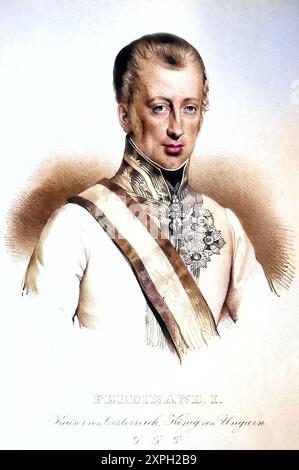 Ferdinand I. Karl Leopold Joseph Franz Marcellin, genannt The Kind (* 19. April 1793 in Wien, gestorben am 29. Juni 1875 in Prag) war Kaiser von Österreich und König von Böhmen von 1835 bis 1848 und als Ferdinand V. ab 1830 auch König von Ungarn und Kroatien, historisch. digital restaurierte Reproduktion eines Originals aus dem 19. Jahrhundert, Rekorddatum nicht angegeben / , genannt der Gütige (geb. 19. April 1793 in Wien, am. 29. Juni 1875 in Prag) Krieg von 1835 bis 1848 Kaiser von Österreich und König von Böhmen und als Ferdinand V. seit 1830 auch König von Ungarn und Kroatien, Historisch, Digital Restaur Stockfoto