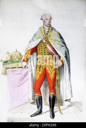 Leopold II. (* 5. Mai 1747 in Wien, starb dort am 1. März 1792) war Erzherzog von Österreich aus dem Hause Habsburg-Lothringen, Großherzog der Toskana von 1765 bis 1790 (als Peter Leopold) und Kaiser und König von Böhmen, Kroatien und Ungarn von 1790 bis 1792. Historische, digital restaurierte Reproduktion eines Originals aus dem 19. Jahrhundert. Das Datensatzdatum wurde nicht angegeben. / , Leopold II. (Geb. 5. Mai 1747 in Wien. 1. März 1792 ebenda) war Erzherzog von Österreich aus dem Haus Habsburg-Lothringen, von 1765 bis 1790 (als Peter Leopold) Großherzog der Toskana sowie von 1790 bis 1792 Kai Stockfoto