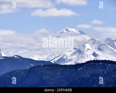 Mont Blanc-Massiv mit schneebedecktem Gipfel und blauem Himmel mit Wolken vom mont Baron in Haute savoie, mit Kiefernwald Stockfoto