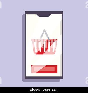 Das Smartphone zeigt einen Warenkorb und eine rote Schaltfläche, die das Konzept des Online-Einkaufs repräsentieren Stock Vektor