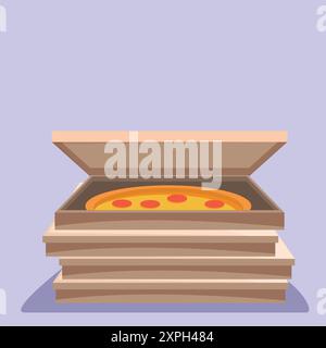 Stapel von einfachen Pizzakartons aus Pappe, wobei die obere offen ist und darin eine frische Pizza sichtbar wird Stock Vektor