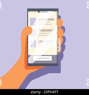 Hand hält ein Smartphone und liest digitale Neuigkeiten, scrollt durch soziale Medien oder verwendet eine mobile App Stock Vektor