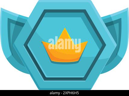 Ikone im Zeichentrickstil eines blauen Sechsecks mit Flügeln, die eine goldene Krone für den ersten Platz verleihen Stock Vektor
