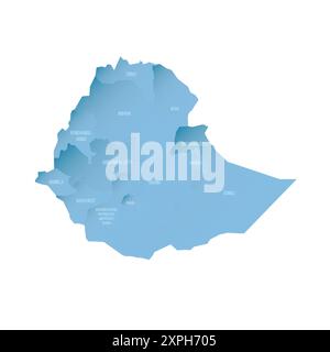 Äthiopien politische Karte der Verwaltungsbereiche - Regionen und gecharterte Städte. Schattierte Vektorkarte mit 3D-ähnlichem blauen Verlauf und Namensbeschriftungen Stock Vektor