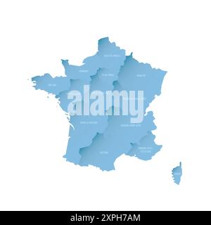 Frankreich politische Karte der Verwaltungsbereiche - Regionen. Schattierte Vektorkarte mit 3D-ähnlichem blauen Verlauf und Namensbeschriftungen Stock Vektor