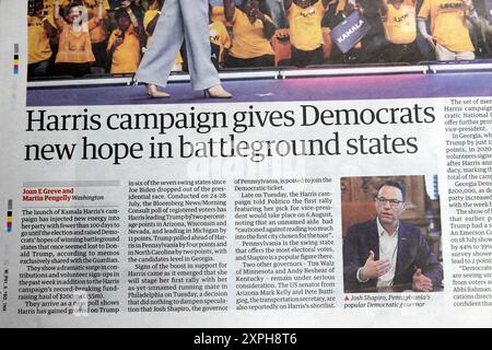 Kamala 'Harris Kampagne gibt Demokraten neue Hoffnung in Battleground states' Zeitung Schlagzeile Präsidentschaftswahlen artikel 3 August 2024 London Großbritannien Stockfoto