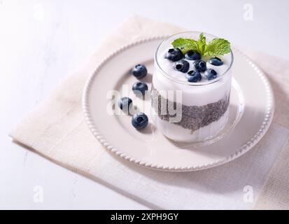 Roher Kokosjoghurt mit Chia-Pudding mit Heidelbeeren und Minze; Kopierraum; pflanzliche Ernährung Stockfoto