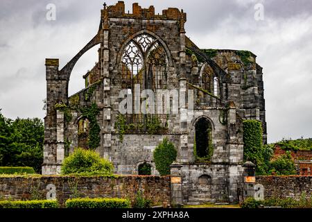 Vorderansicht des ruinierten ehemaligen Klostergebäudes von Aulne, Steinmauern, wilde grüne Vegetation und Bäume, stürmischer Himmel bedeckt mit Wolken im Hintergrund, bewölktes d Stockfoto