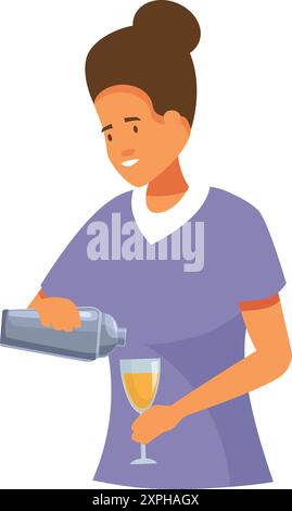 Ein lächelnder Barkeeper bereitet alkoholisches Getränk zu und gießt Cocktails aus dem Shaker ins Glas Stock Vektor