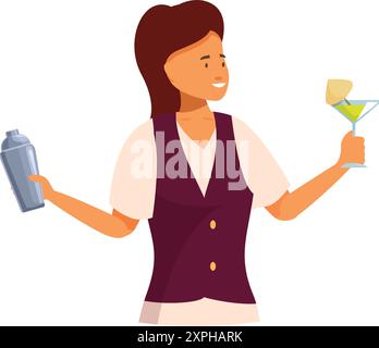 Die lächelnde Barkeeperin hält einen Cocktail-Shaker und ein Martini-Glas Stock Vektor