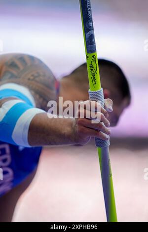 Paris, Frankreich. August 2024. LeichtathletikIllustration Javelin-Werfen 2024 während der Olympischen Sommerspiele 2024 in Paris, Frankreich am 6. August 2024. Foto: Nicolas Gouhier/ABACAPRESS. COM Credit: Abaca Press/Alamy Live News Stockfoto