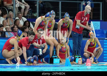 Parigi, Frankreich. August 2024. Team Spanien während des Viertelfinals der Frauen Spanien-Kanada bei den Olympischen Spielen 2024, Dienstag, 6. August 2024, in Paris, Frankreich. (Foto: Gian Mattia D'Alberto/LaPresse) Team Spanien während Women&#x573; Wasserball-Viertelfinale Spanien-Kanada bei den Olympischen Spielen 2024, Dienstag, 6. August 2024, in Paris, Frankreich. (Foto: Gian Mattia D'Alberto/LaPresse) Credit: LaPresse/Alamy Live News Stockfoto