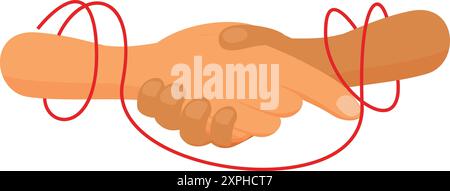 Zwei Menschen schütteln die Hände, ihre Handgelenke sind von einer roten Schnur gebunden, was ein unzerbrechliches Abkommen symbolisiert Stock Vektor