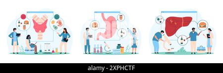 Schlechte Auswirkungen von Fast Food und Alkohol auf Magen-, Schilddrüsen- und Lebergesundheit. Winzige Leute studieren Zellprobe durch Mikroskop und medizinische Diagramme, Warnung vor Gefahr Cartoon Vektor Illustration Stock Vektor