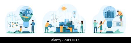Futuristische Smart City-Projekte. Winzige Menschen entwickeln intelligente Ideen, um moderne Gebäude und städtische Infrastruktur zu optimieren, Einstellungen zu steuern und ökologische nachhaltige Umwelt-Karikaturvektorillustration zu entwickeln Stock Vektor