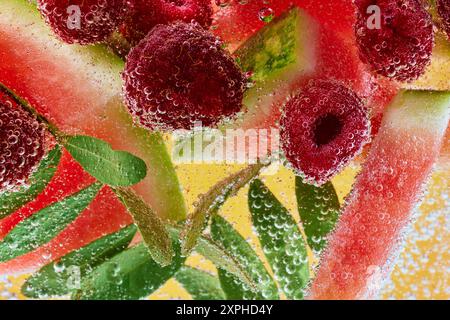 Frische Wassermelone und Himbeeren mit grünen Minzblättern, getaucht in sprudelnde Blasen. Erfrischendes Sommererlebnis. Stockfoto