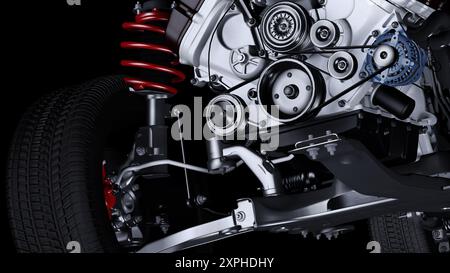 Detaillierte Vorderansicht eines Fahrzeugmotors Stockfoto