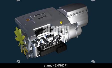 Nahaufnahme eines Hybridmotors für moderne Fahrzeuge Stockfoto