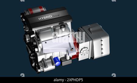 Nahaufnahme eines Hybridmotors für moderne Fahrzeuge Stockfoto