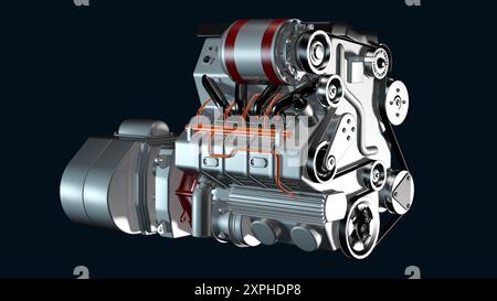 Nahaufnahme eines Hybridmotors für moderne Fahrzeuge Stockfoto